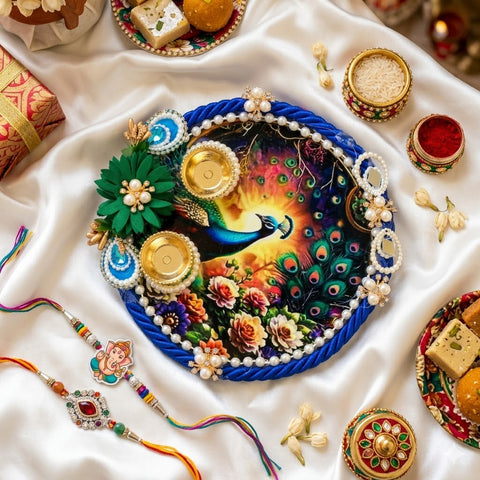 Majestic Peacock and Floral Design Rakhi Puja Thali