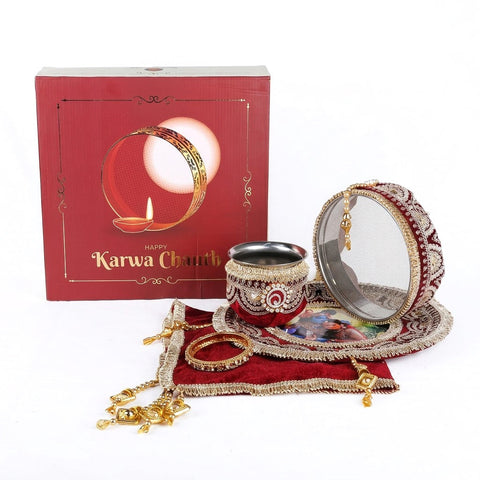 11 Pc Maroon Embroidery Karwa Chauth Thali Set