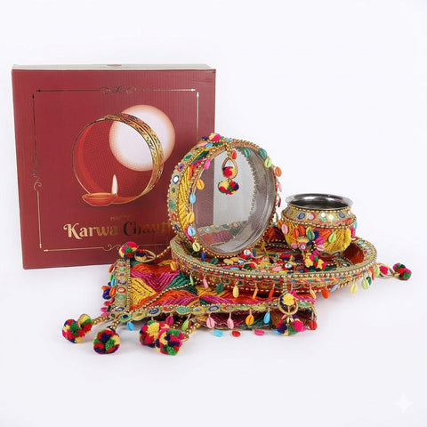 11 Pc Multicolor Thread Work Karwa Chauth Thali Set
