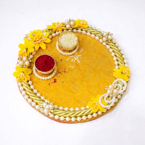 Elegant Yellow Floral Accents Puja Rakhi Thali