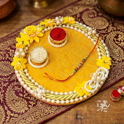 Elegant Yellow Floral Accents Puja Rakhi Thali