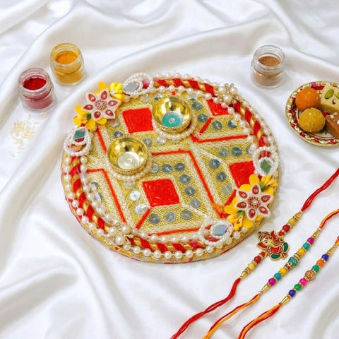 Vibrant Red And Gold Rakhi Puja Platter Thali