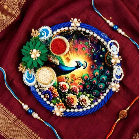 Majestic Peacock and Floral Design Rakhi Puja Thali