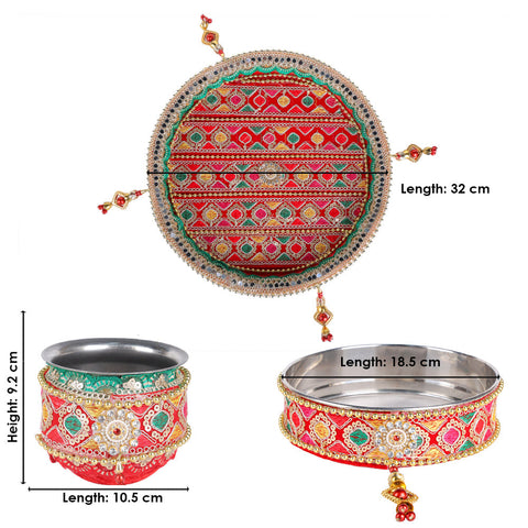 11 Pc Stunning Red Embroidery Karwa Chauth Thali Set