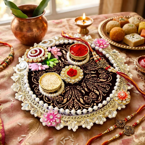 Luxurious Maroon Velvet Embroidered Rakhi Puja Thali