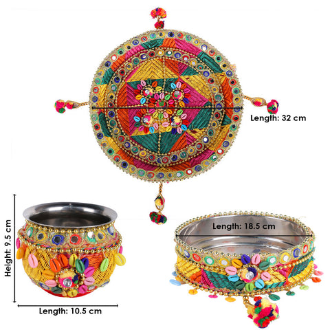 11 Pc Multicolor Thread Work Karwa Chauth Thali Set