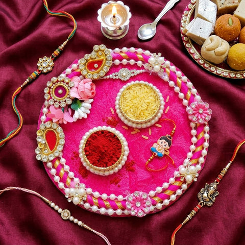 Royal Pink Velvet Puja Rakhi Thali with Pearl Borders