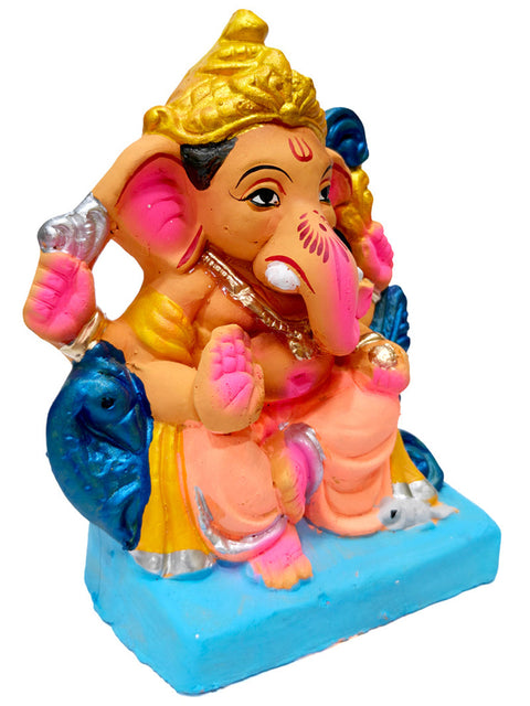 6 Inch Vibrant Eco-Friendly Ganesha Idol with Antique Golden Mukut