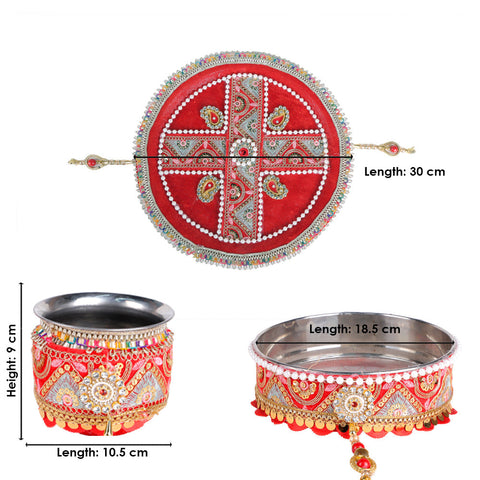 11 Pc Elegant Red Embroidery Karwa Chauth Thali Set