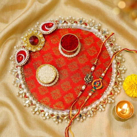 Mirror Lace Regal Red Brocade Rakhi Puja Thali