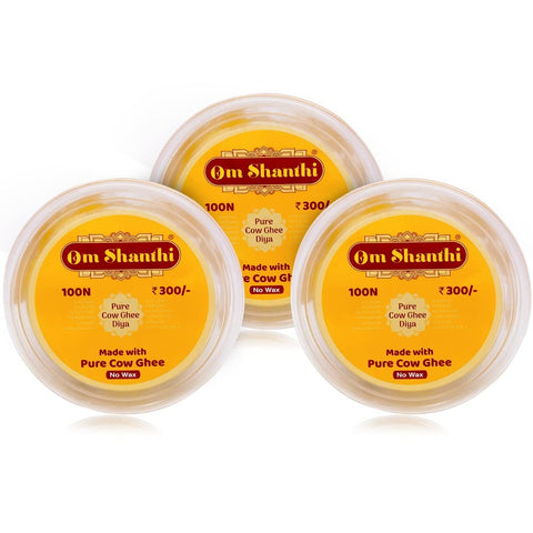Om Shanthi Cow Ghee Diya for Puja (100 Ghee wicks per pack)- Pack of 3