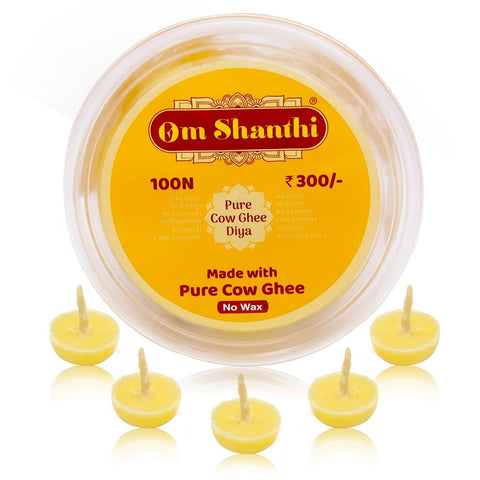 Om Shanthi Cow Ghee Diya for Puja (100 Ghee wicks per pack)- Pack of 3
