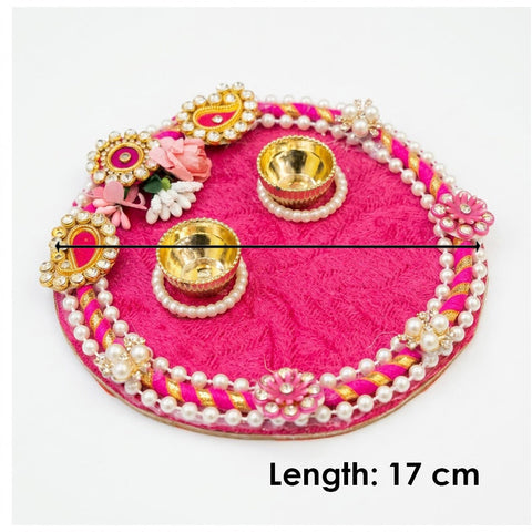 Royal Pink Velvet Puja Rakhi Thali with Pearl Borders
