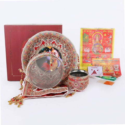 11 Pc Elegant Red Embroidery Karwa Chauth Thali Set