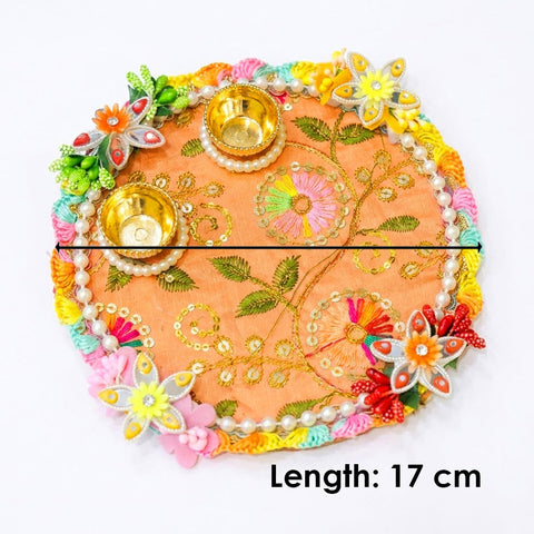 Exquisite Peach Embroidered Silk Rakhi Puja Thali