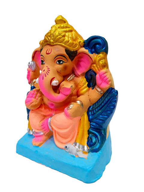 6 Inch Vibrant Eco-Friendly Ganesha Idol with Antique Golden Mukut