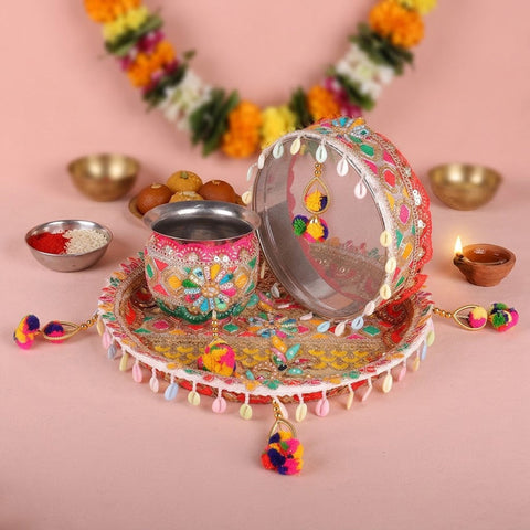 11 Pc Golden Criss Cross Peacock Designer Karwa Chauth Thali Set