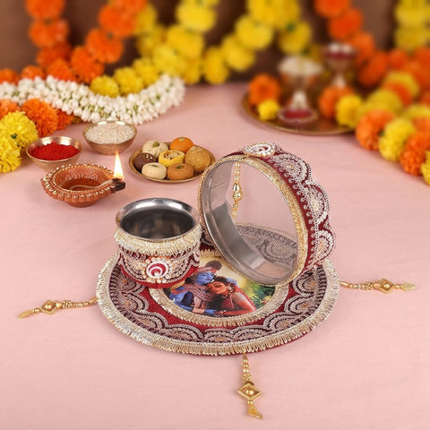 11 Pc Maroon Embroidery Karwa Chauth Thali Set