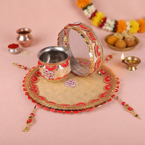 11 Pc Golden Grace Floral Karwa Chauth Thali Set