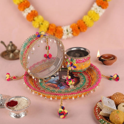 11 Pc Vibrant Red Radha Krishna Designer Karwa Chauth Thali Set