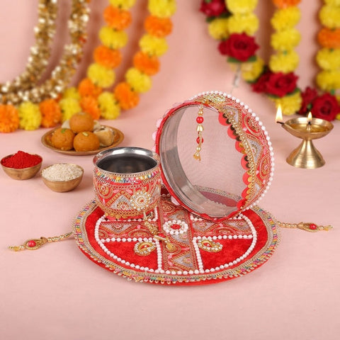11 Pc Elegant Red Embroidery Karwa Chauth Thali Set
