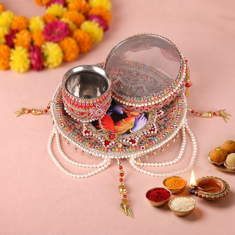 11 Pc Elegant Red Embroidery Karwa Chauth Thali Set