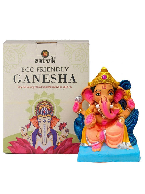 6 Inch Vibrant Eco-Friendly Ganesha Idol with Antique Golden Mukut