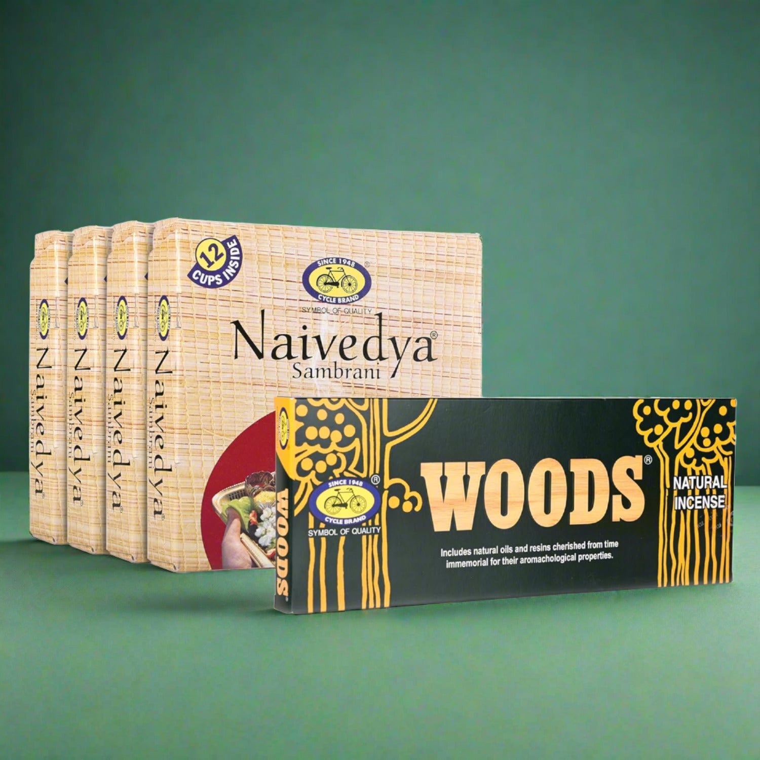 Cycle Pure Naivedya Sambrani Cups (48 pcs) + Woods Natural Incense Sticks (40 Sticks)