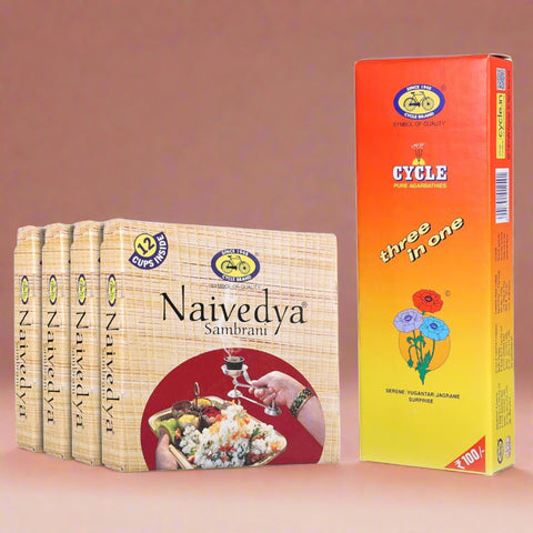 Cycle Pure Naivedya Sambrani Cups (48 pcs) + Three in One Agarbatti (202 GM, 1 Pack)