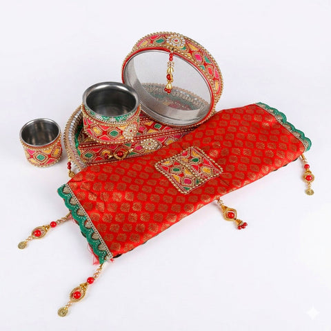 11 Pc Stunning Red Embroidery Karwa Chauth Thali Set