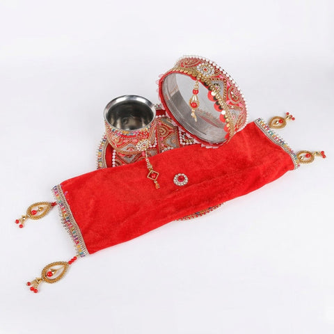 11 Pc Elegant Red Embroidery Karwa Chauth Thali Set