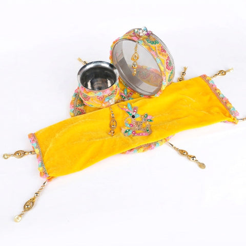 11 Pc Yellow Embroidery Karwa Chauth Thali Set