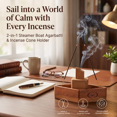 2-in-1 Steamer Boat Wooden Incense Holder & Ash Catcher | Agarbatti Stand & Incense Cone Holder | Heat Resistant, Easy to Clean | Ideal for Pooja, Meditation, Yoga, Home & Office Decor