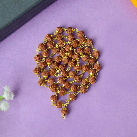 5 Mukhi Brass Capping Natural Rudraksha Mala 100% Original & Certified