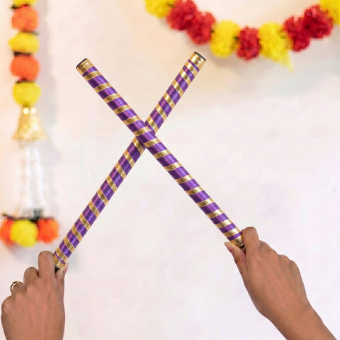Handcrafted Purple & Gold Silk Ribbon Wrapped Wooden Dandiya Sticks