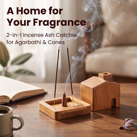 Home Sweet Home Wooden Incense Holder & Ash Catcher | 2-in-1 Neem Wood Holder for Agarbatti, Incense Cones & Havan Cups