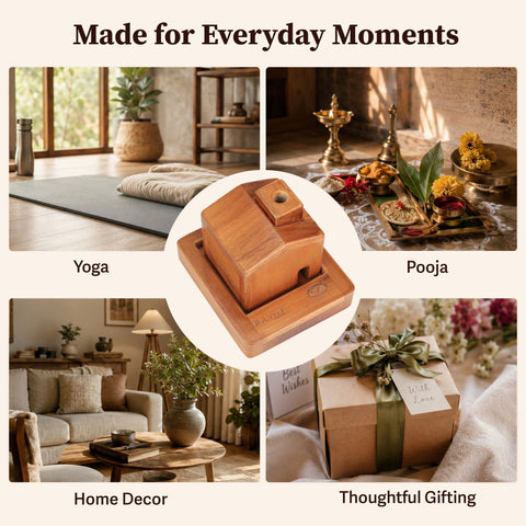 Home Sweet Home Wooden Incense Holder & Ash Catcher | 2-in-1 Neem Wood Holder for Agarbatti, Incense Cones & Havan Cups