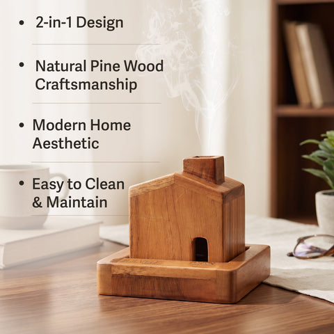 Home Sweet Home Wooden Incense Holder & Ash Catcher | 2-in-1 Neem Wood Holder for Agarbatti, Incense Cones & Havan Cups
