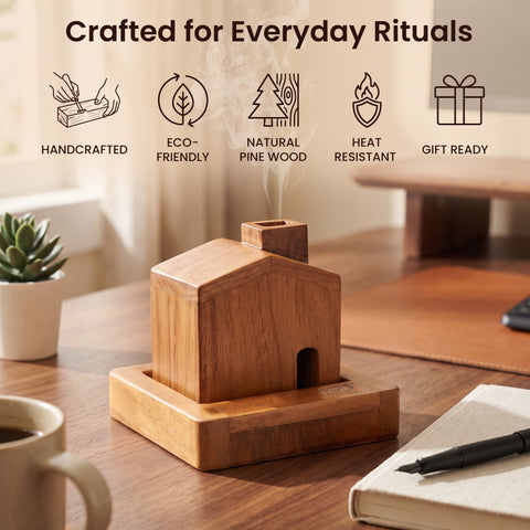 Home Sweet Home Wooden Incense Holder & Ash Catcher | 2-in-1 Neem Wood Holder for Agarbatti, Incense Cones & Havan Cups