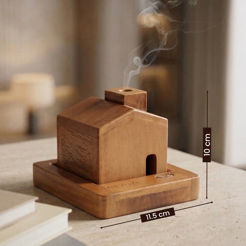Home Sweet Home Wooden Incense Holder & Ash Catcher | 2-in-1 Neem Wood Holder for Agarbatti, Incense Cones & Havan Cups