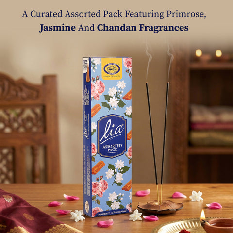Lia Assorted Agarbatti Pack - Prime Rose, Jas, Chandanam | Premium Incense Sticks