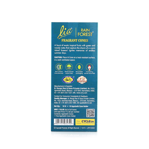 Rain Forest Pack of 3 Incense Cones - Lia Connoisseur Series