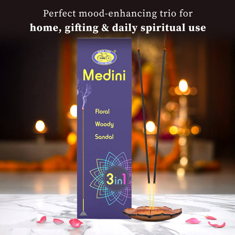 Medini Three in One Agarbatti | Floral, Woody & Sandalwood Assorted Incense Pack