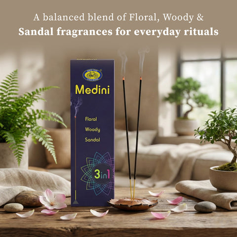 Medini Three in One Agarbatti | Floral, Woody & Sandalwood Assorted Incense Pack