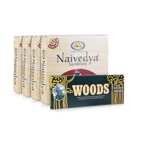 Cycle Pure Naivedya Sambrani Cups (68 pcs) + Woods Natural Incense Sticks (70 gms)