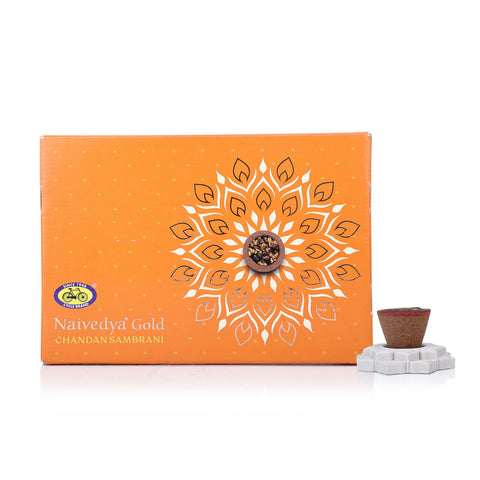 Naivedya Gold - Chandan Sambrani Cups (Charcoal-free Havan Cups with Jasmine Fragrance) (18 pcs + Holder)