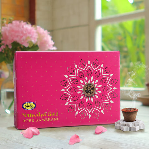 Naivedya Gold - Rose Cup Sambrani (Charcoal-free Havan Cups with Rose Fragrance) (18 pcs + Holder)