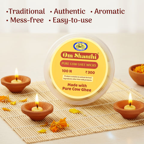 Om Shanthi Cow Ghee Wicks for Puja - Pack of 3