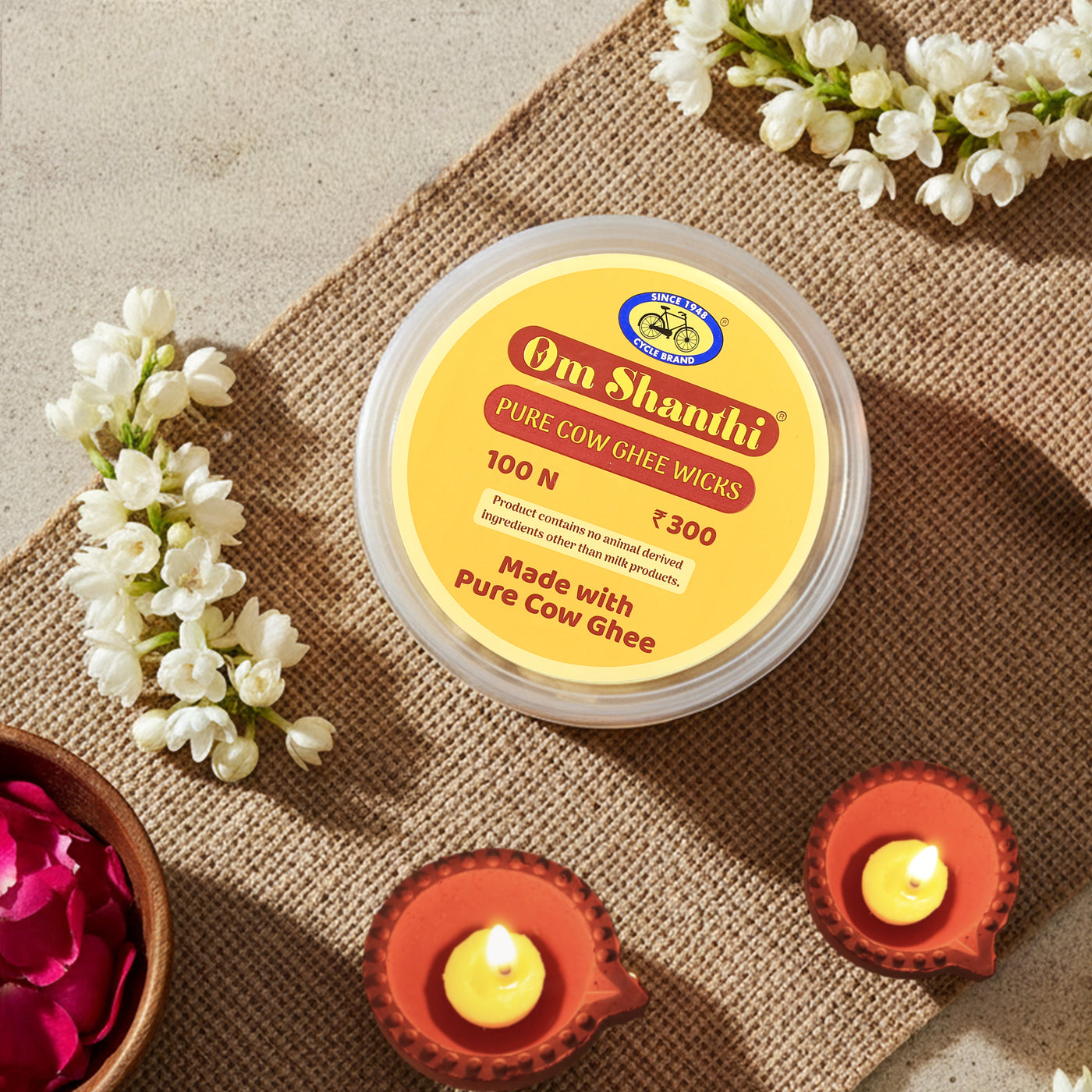 Pure cow ghee wicks lit for spiritual lighting