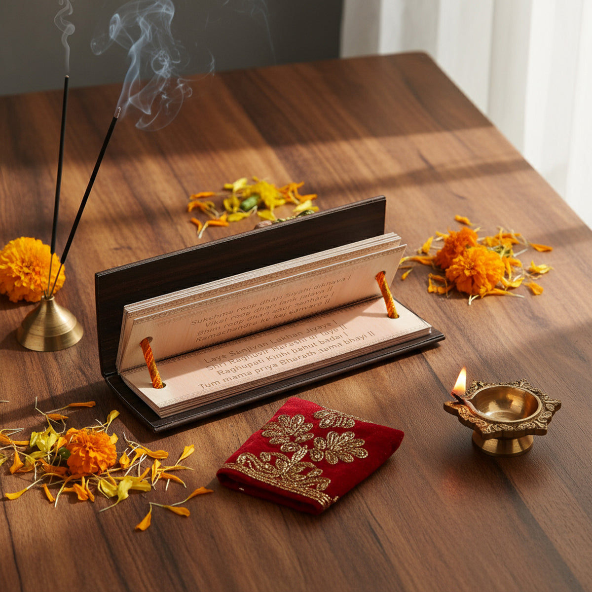 Palm-leaf motif Hanuman Chalisa book with cord and bead finish